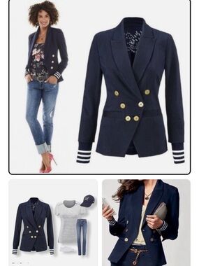CAbi Navy Double-Breasted Blazer with Gold Buttons and Stripe Cuffs